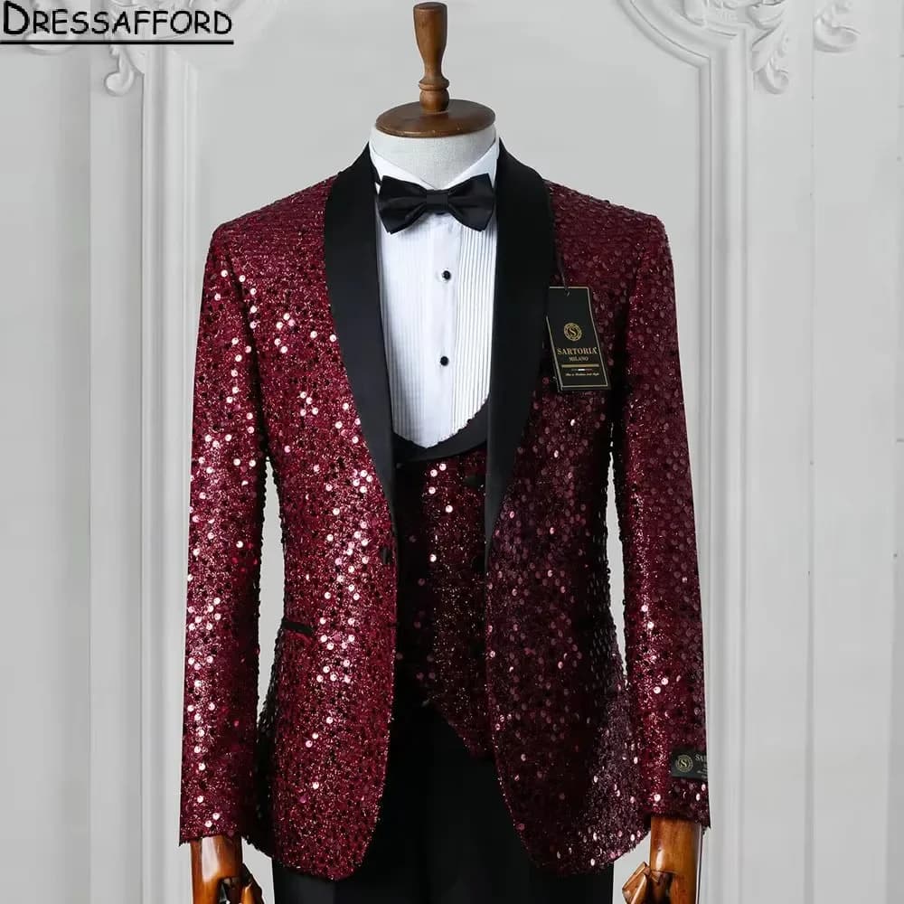 Red Sequined Groom Wear Formal Men Suits 3 Piece Jacket Vest And Pants Sets Smart Casual Business Blazer