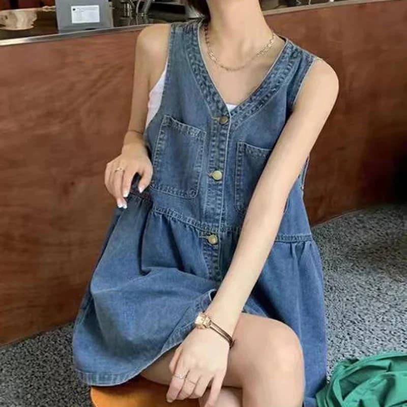 Sleeveless Strap Dress Women Summer Single-Breasted Pockets Denim Dresses Woman Korean Style Loose A Line Mini Dress