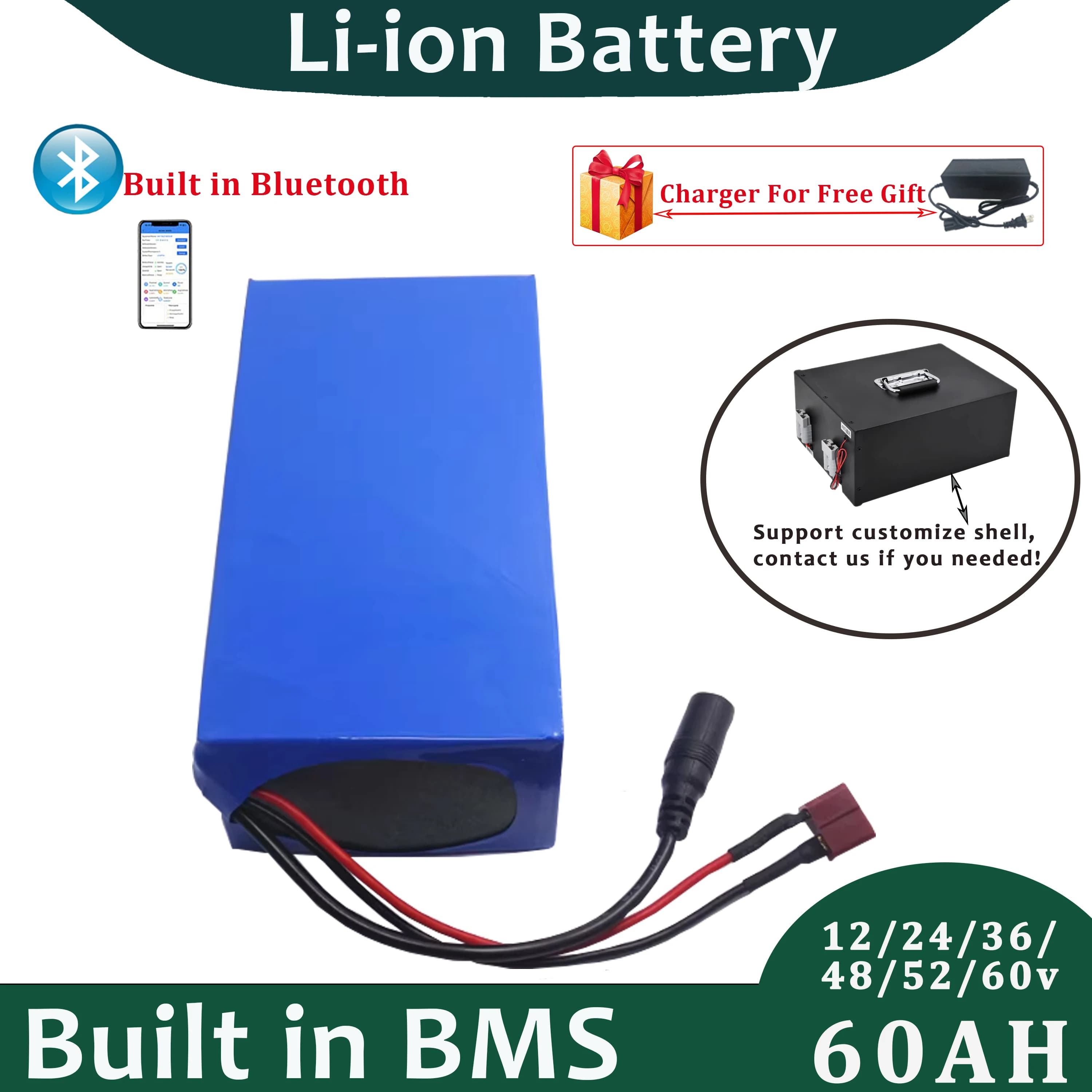 12V 24V 36V 48V 52V 60V 60AH Lithium Ion Battery Pack Built in BMS Perfect For Street Light