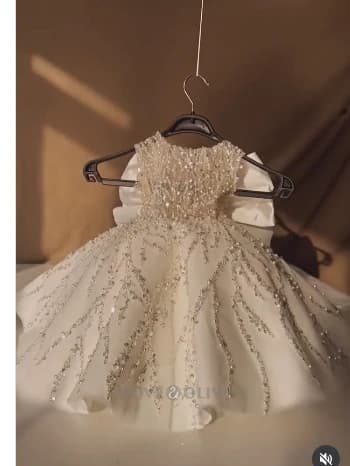 Nude Bodice Short Beading Sparkly Flower Girl Dress for Baby Knee Length Girl Sleeveless Tulle large Bow Sweet Kids Gown Custom