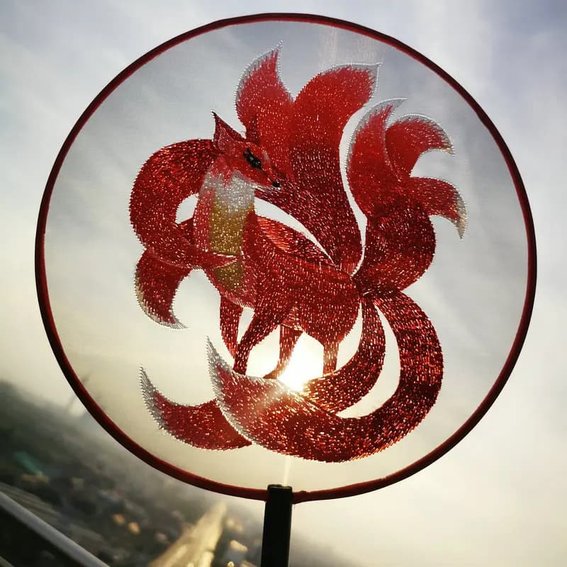 Double Sided Embroidered Nine Tailed Fox Fan With Tassels Means Lucky Fortune Qipao Tang attire Hanfu Accessories Dance Fans