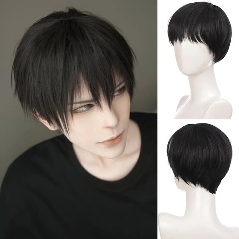 Ailiade Black Men's Wigs 12" Short Straight With Bangs Synthetic Wig for Women Male Boy Cosplay Anime Party Daily Costume Wig