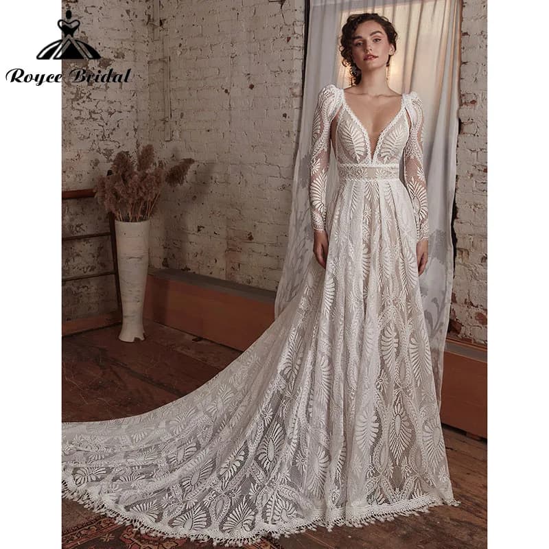 Sexy Bohemian Boho Wedding Dress with Detachable Long Sleeve A Line V Neck Lace Backless Spaghetti Straps Bridal Gown Customized