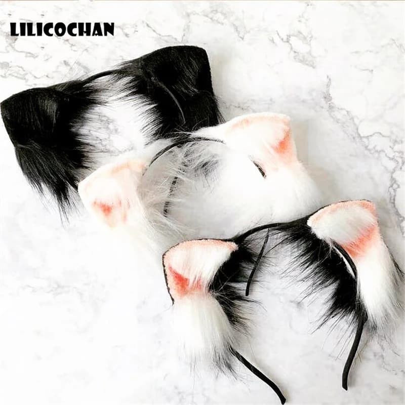 Handmade Realistic Fur Cat Ears Headband - 3 Colors Neko Anime Cosplay Costume for Halloween, Birthday Party, Hair Accessories