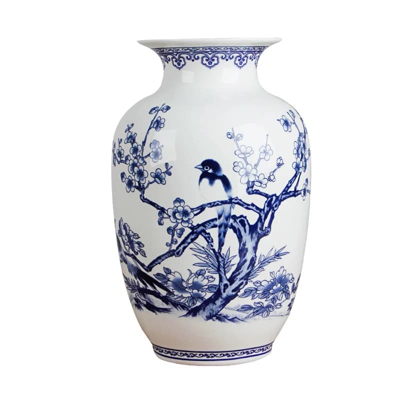 Blue and White Jingdezhen Porcelain Vases: Fine Bone China Vase with Bird and Flowers Decoration