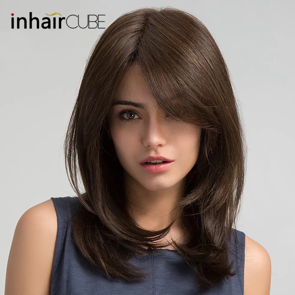 Women's Dark Brown Synthetic Wigs with Bangs for Daily & Party Wear - Natural Wave and Side Part Inhair Cube Wigs