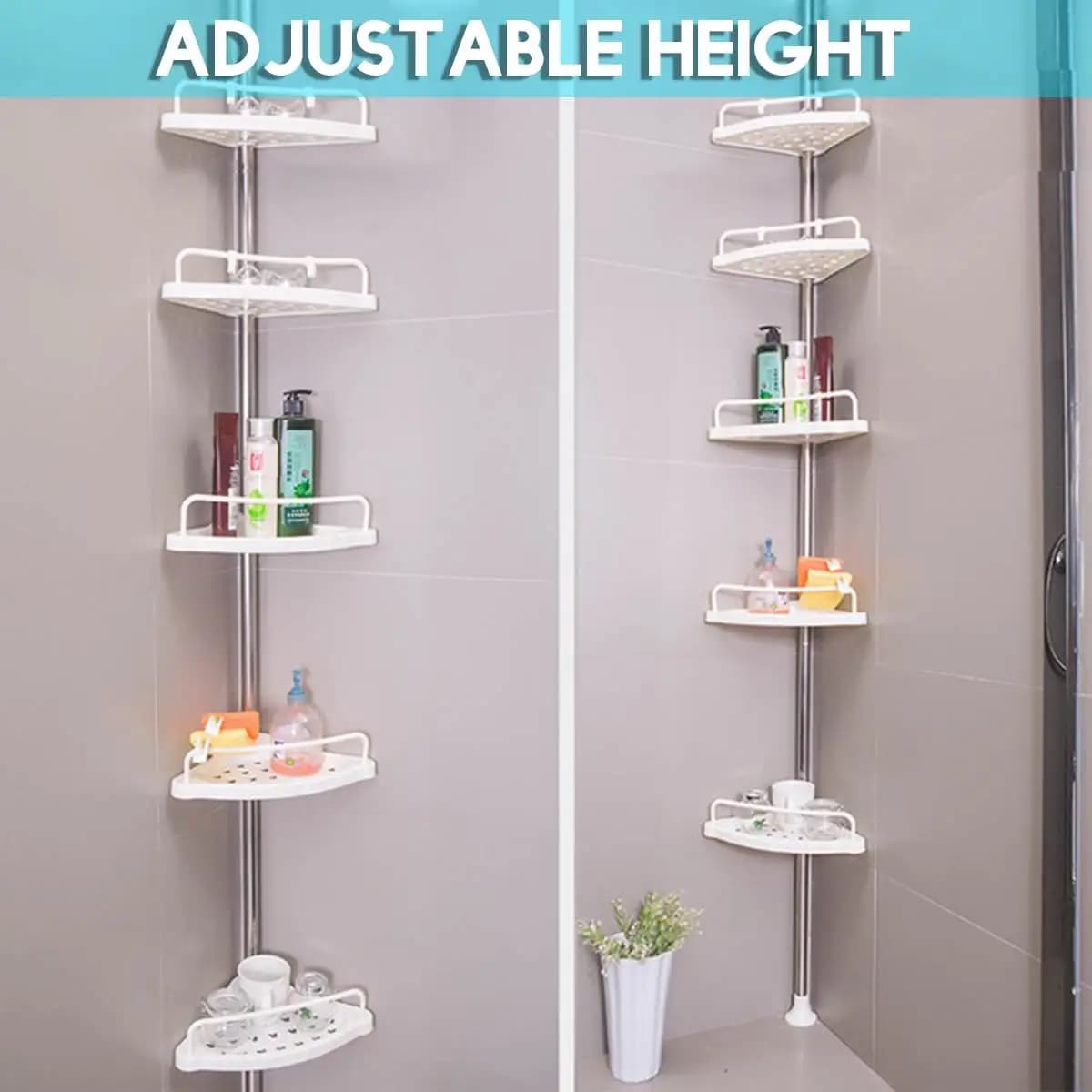5 Tier Telescopic Shower Caddy - Stainless Steel Bathroom Corner Shelf Rack with Storage Shelves - Space Saving Bath Accessory