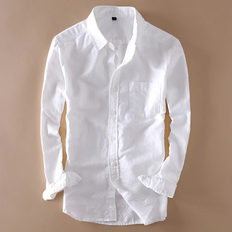 Cotton Men's Linen White Shirt Top - Long Sleeve Turn-Down Collar Streetwear