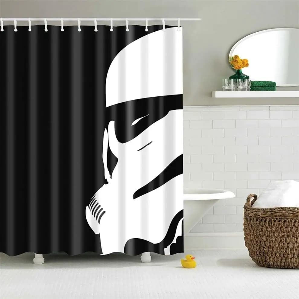 Custom Star Wars Shower Curtain featuring a White Robot Face on a Black Background - Waterproof Polyester Material - Star Wars Décor