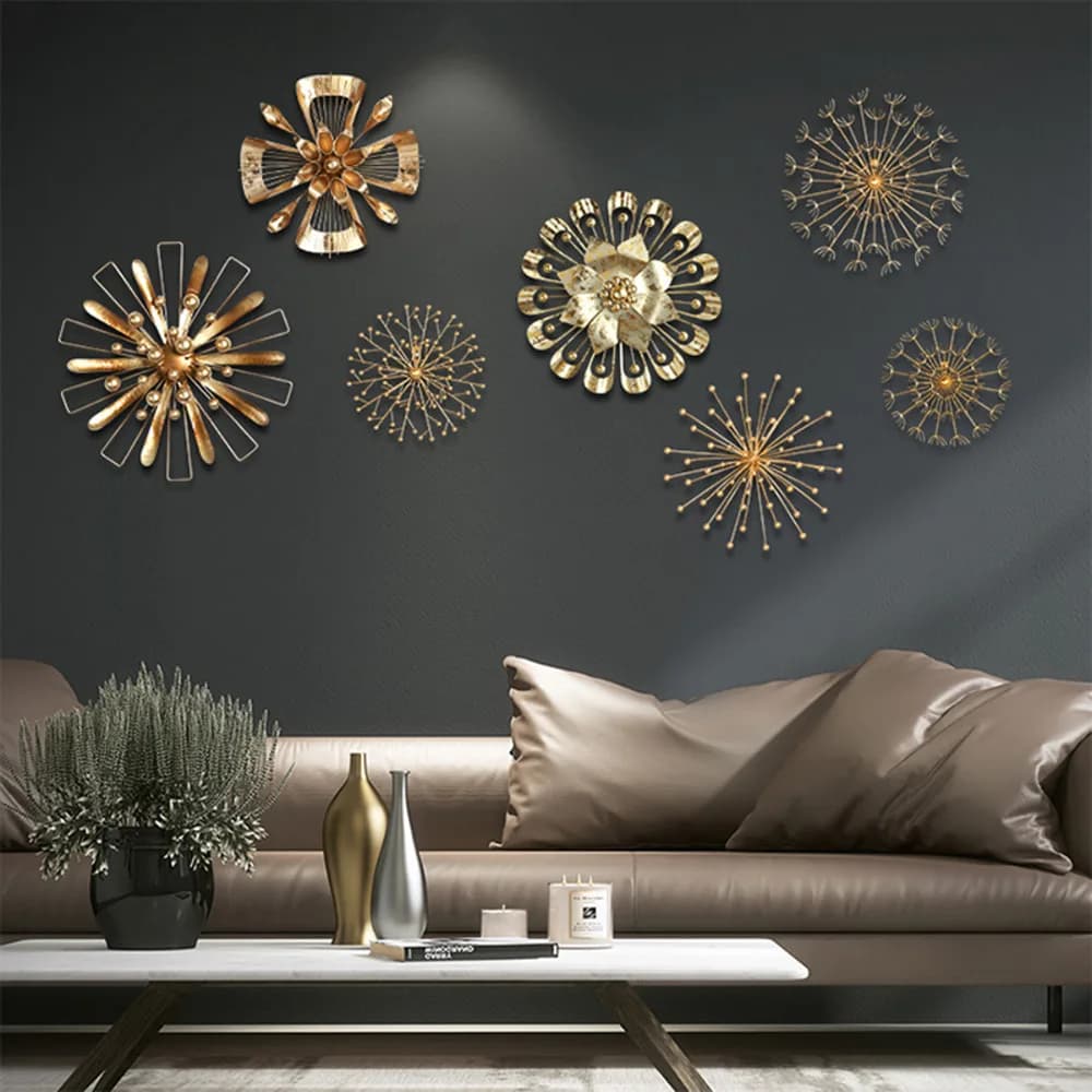 Metal Art 3D Wall Sticker Home Decor Gold Metal Flower Wall Hanging - Bedroom Living Room Kitchen
