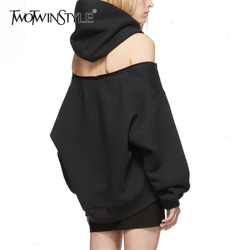 TWOTWINSTYLE Women's Backless Off-Shoulder Hooded Sweatshirt, Long Sleeve Casual Hoodie for Autumn Fashion