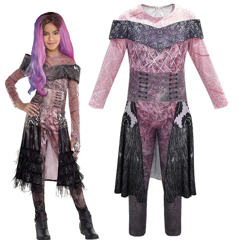 Descendants Mal Costume Outfits | Evil Straight Purple Kids Adult Cosplay Jumpsuit | Halloween Fancy Dress