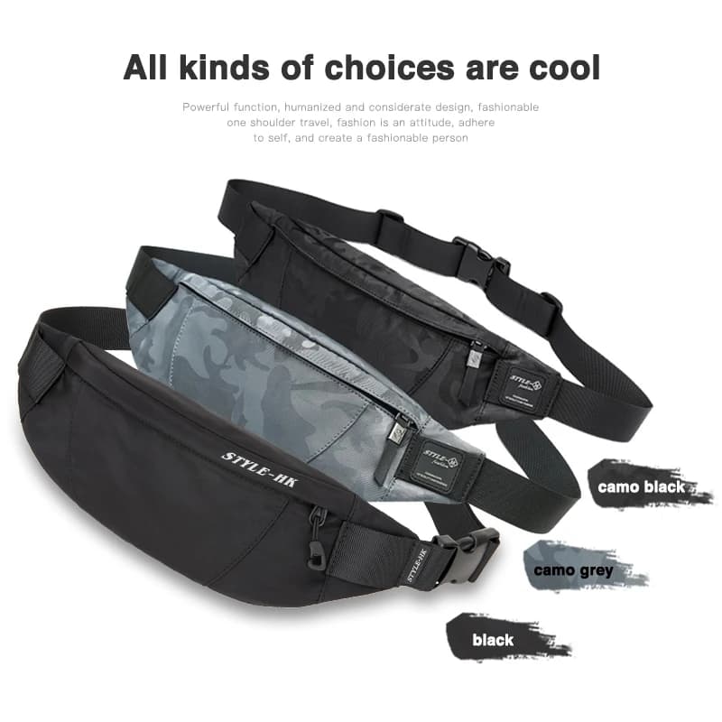 Men's Camouflage Black Gray Waist Bag Fanny Pack, Casual Hip Belt Bag for Money, Phone, Shoulder or Bum Pouch