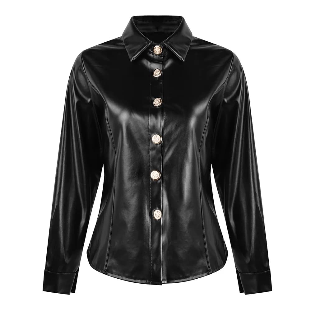 Women's Faux Leather Long Sleeve Blouse - Casual Button Down PU Leather Shirt with Turn Down Collar