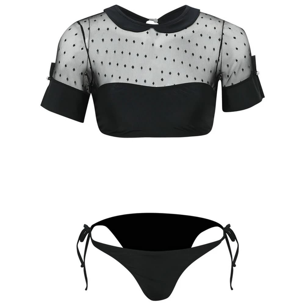 Women's Sheer Mesh Bikini Black Two-Piece Swimsuit Thong Bathing Suit Top and Bottoms