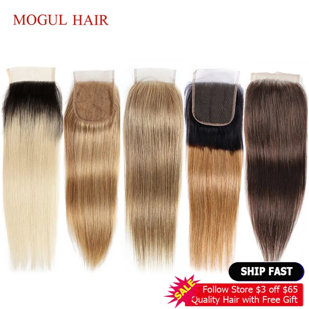 Peruvian Straight Hair 4*4 Lace Closure in MOGUL HAIR Color 2 Dark Brown Remy Human Hair with Ombre Honey Blonde and Natural Black Shades