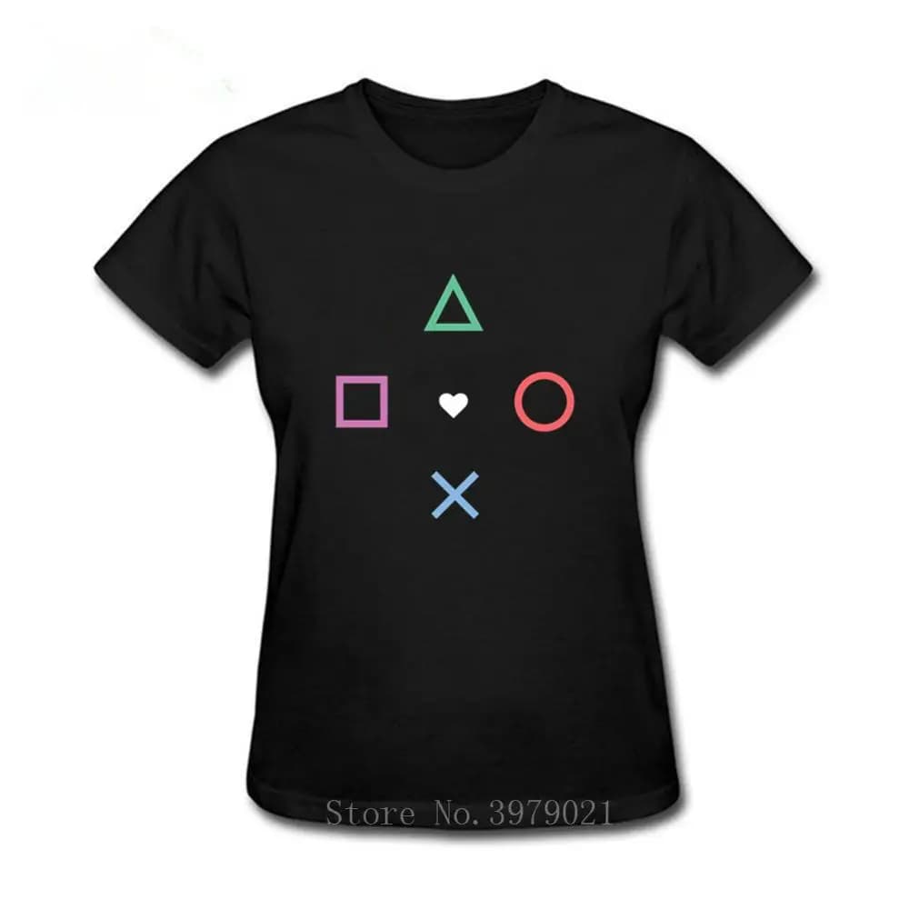 Black T-Shirts Playstation Love Games Rainbow Pattern Game Personalized Tshirts For Women Geometry Video Game Tops