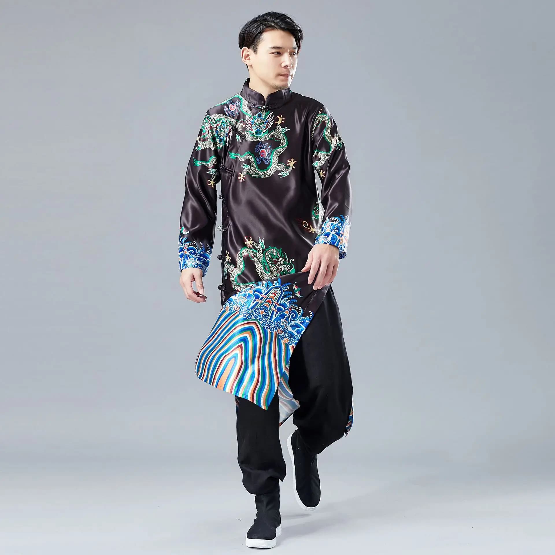 Men's Traditional Chinese Style Changshan Plate Buckle Cardigan Emperorlong Fu National Costume Official Wear
