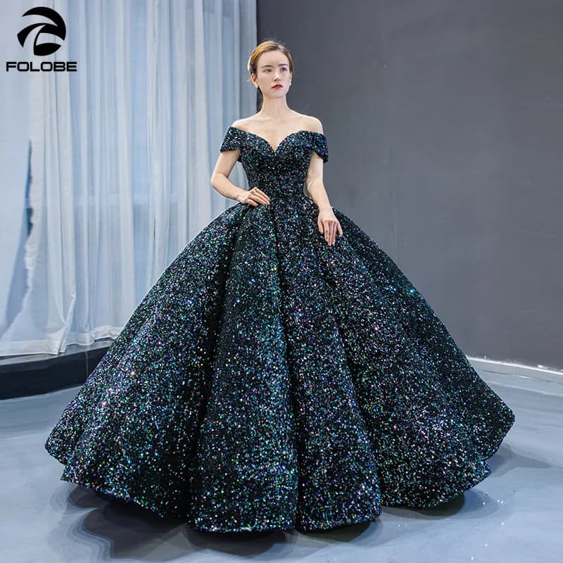 Sequin Quinceanera Dress for 15-Year-Olds, Off Shoulder V-Neck Ball Gown, Floor-Length Sweet 16 Prom Party Dress