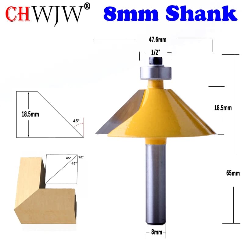 Woodworking Router Bit: 1 Piece Large 45 Degree Chamfer and Bevel Edging Router Bit with 8mm Shank for Wood Cutting