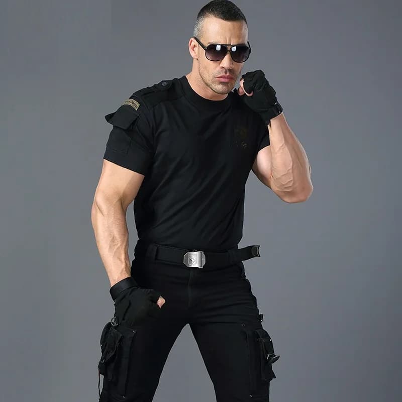 Army T-Shirt Military Style Tactical Urban Men's Green Cargo Uniform Short-Sleeved Male Tee - Black