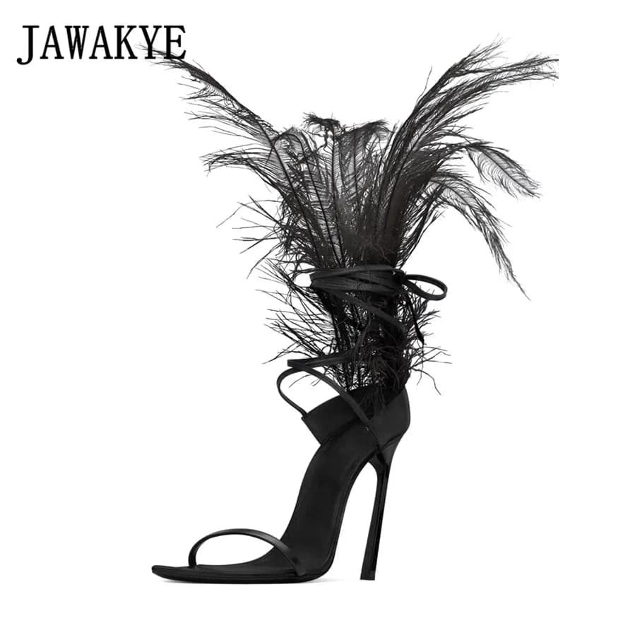 Women's Black Feather Sandals High Heels - Ostrich Hair Decor Thin Heel Dance Shoes - Ladies' Fur T Show Party Shoes by JAWAKYE