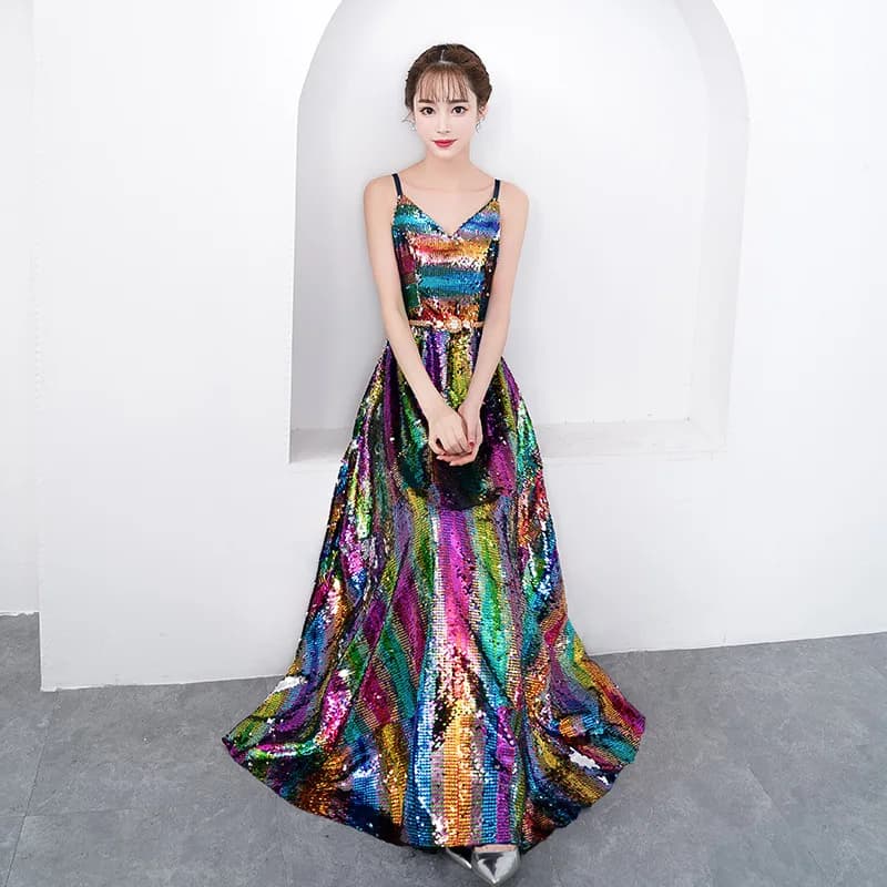 Women's Long Sequin Rainbow Glitter Party Dress