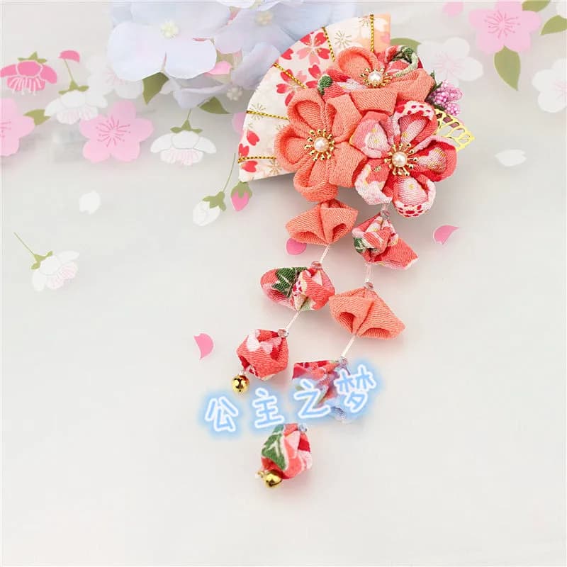 Pure Handmade Japanese Style Tsumami Kanzashi Hair Clip Pin - Pink and Red Tassels, Sakura Flower Fan Kimono Accessory
