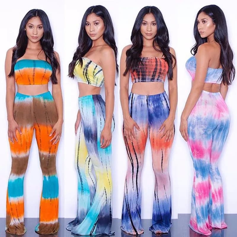 Plus Size Women's Tie Dye Flare Pants Set - Summer Sleeveless Crop Top and Wide Leg Pants Clothing Set