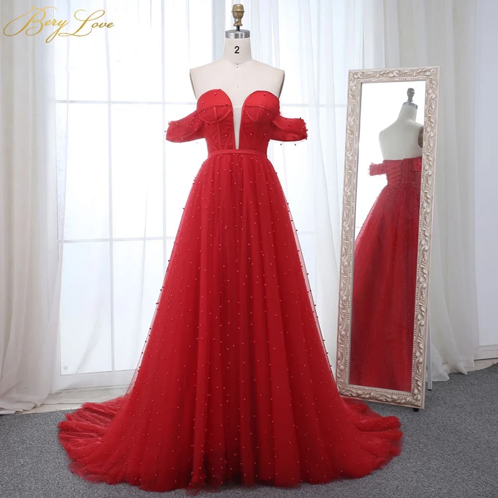 Charming Pearls Red Evening Dresses Long Off-Shoulder Evening Gowns Lace-up Elegant Formal Evening Dress Cheap Prom Dress