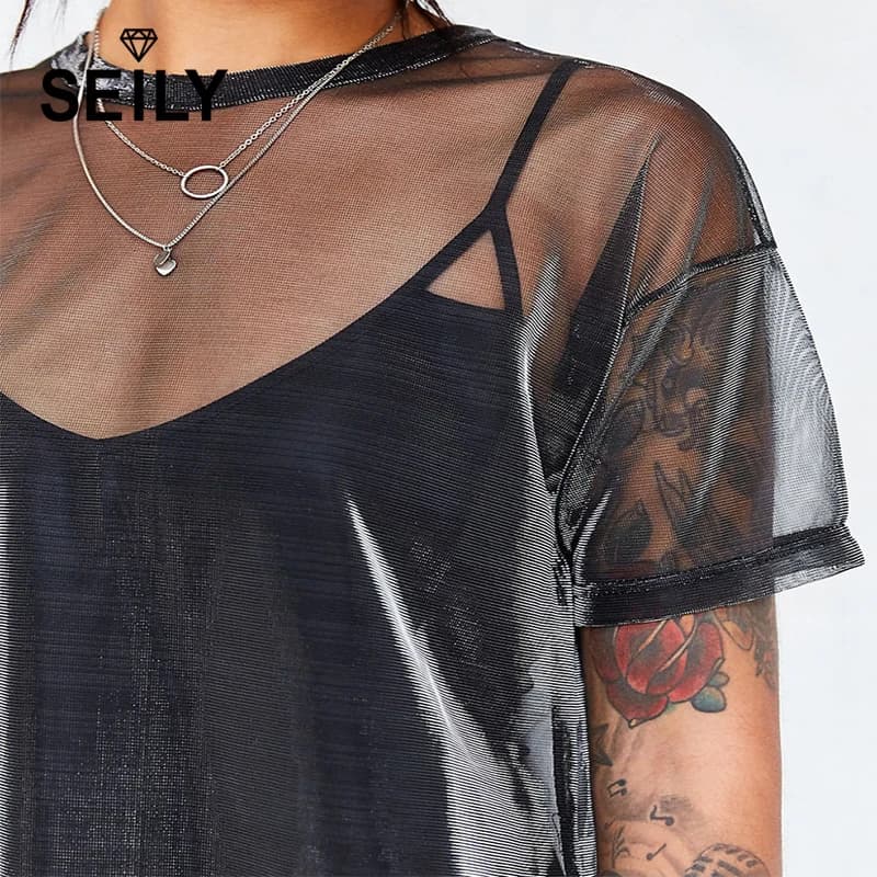 Seily Women's Holographic Mesh Sheer Short Sleeve Top - Sexy Transparent Shiny Club Punk Tee Shirt for Summer