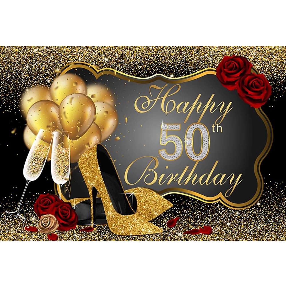 Custom Photo Booth Background - Happy 50th Birthday Party Backdrop with Printed Gold Balloons, High Heels, Champagne, Confetti, and Red Roses