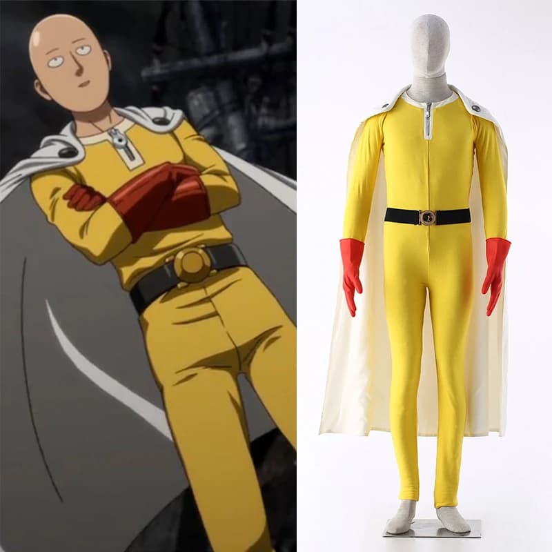 Halloween Anime ONE PUNCH MAN Saitama Cosplay Costume Set: Customize Size Jumpsuit, Cloak, Belt, Gloves Set for Men