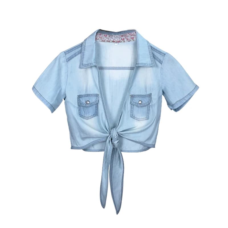 Plus Size Summer Women Girls Kimono Crop Top Denim Shirt, Cute Short Sleeve Tie-Up Blouse for Students
