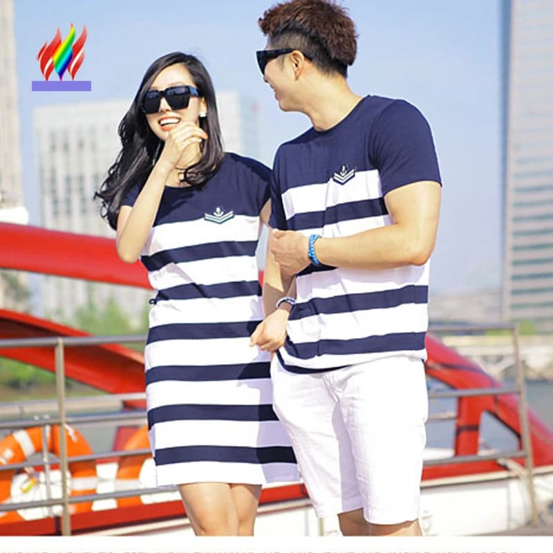 Matching Couple T-Shirts for Lovers, Blue Stripe Cotton Tops, Valentine's Day, Honeymoon Holiday Beach Wear for Men and Women