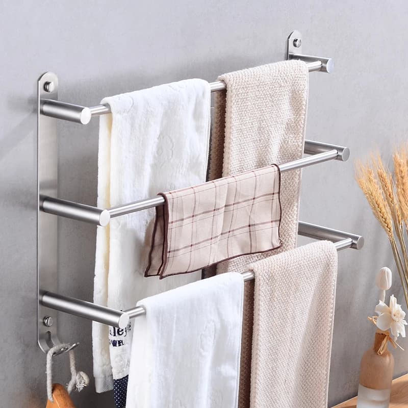 Wall Mounted Stainless Steel Towel Bar Rack with Hooks - 3 Layer Bathroom Towel Holder Shelf