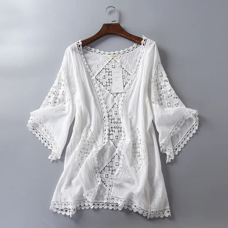 Women's Summer Cotton Lace Beach Kimono Cardigan with Embroidery Crochet Hollow-Out Design, White Korean Style Blouse
