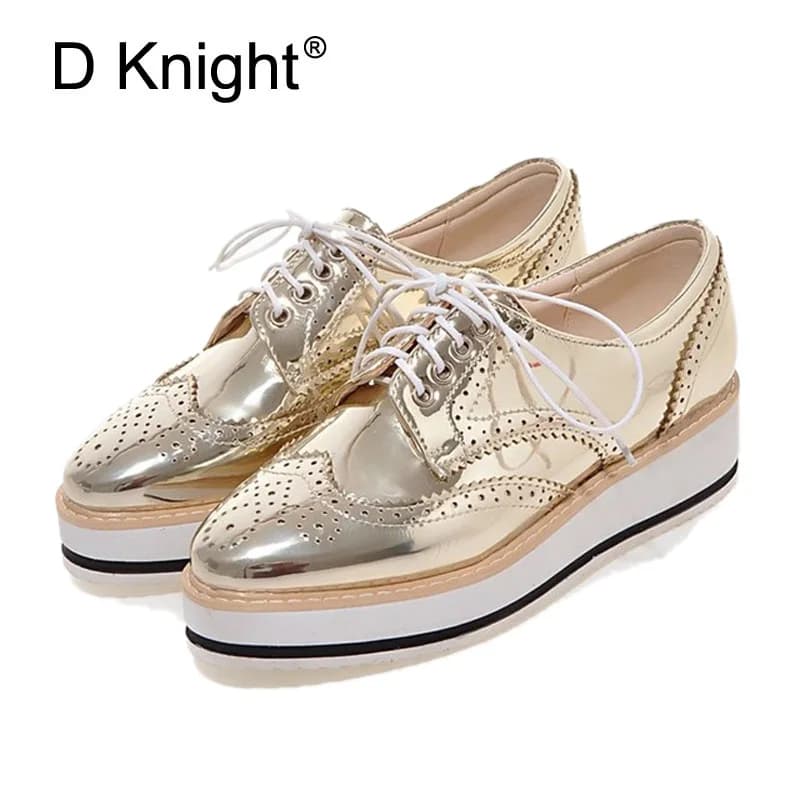 Women Platform Oxford Shoes Big Size Carving Oxfords Round Toe Creepers Women Wedges Metallic Silver Black Women's Brogue Shoes