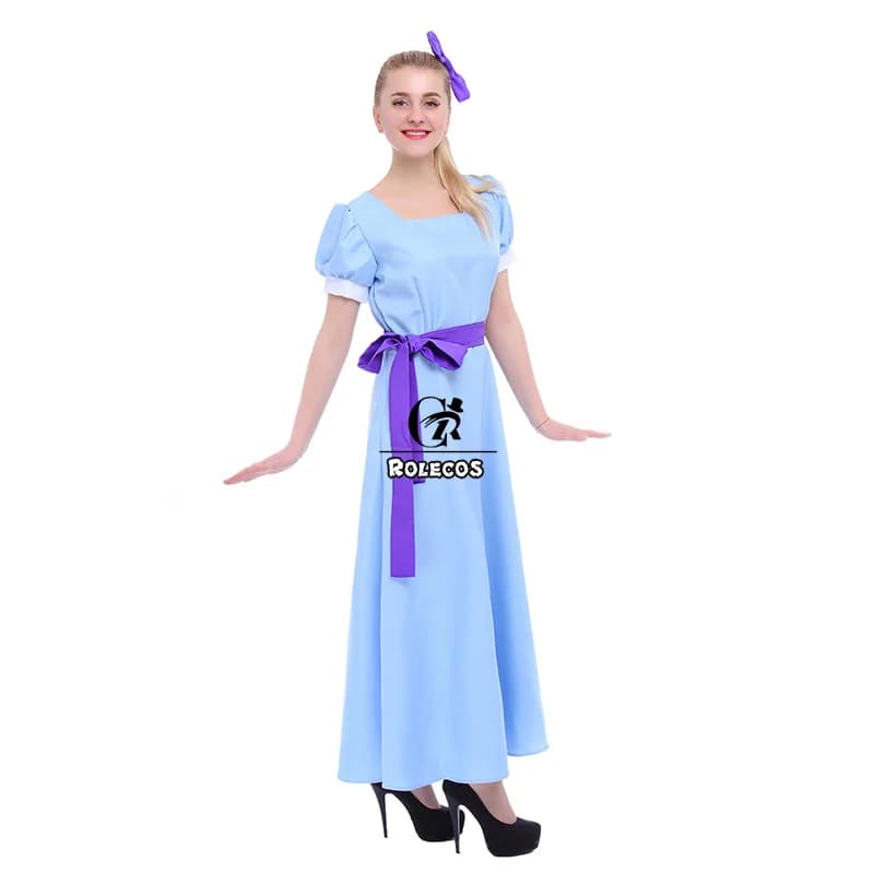 ROLECOS Women's Wendy Peter Pan Blue Long Cosplay Costume Party Dress with Half Sleeves