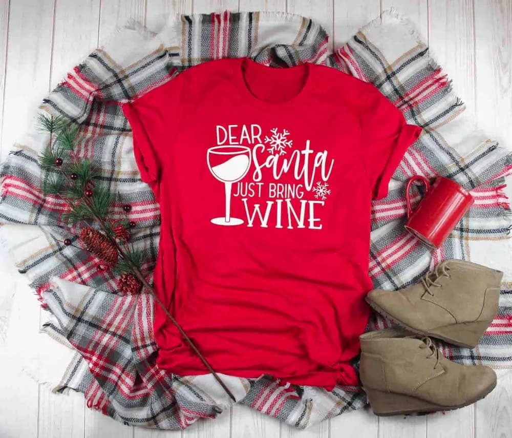 Unisex Santa Bring Wine Christmas Shirt | Funny Graphic Aesthetic Tops | High-Quality Cotton | Red Casual T-Shirt Clothing