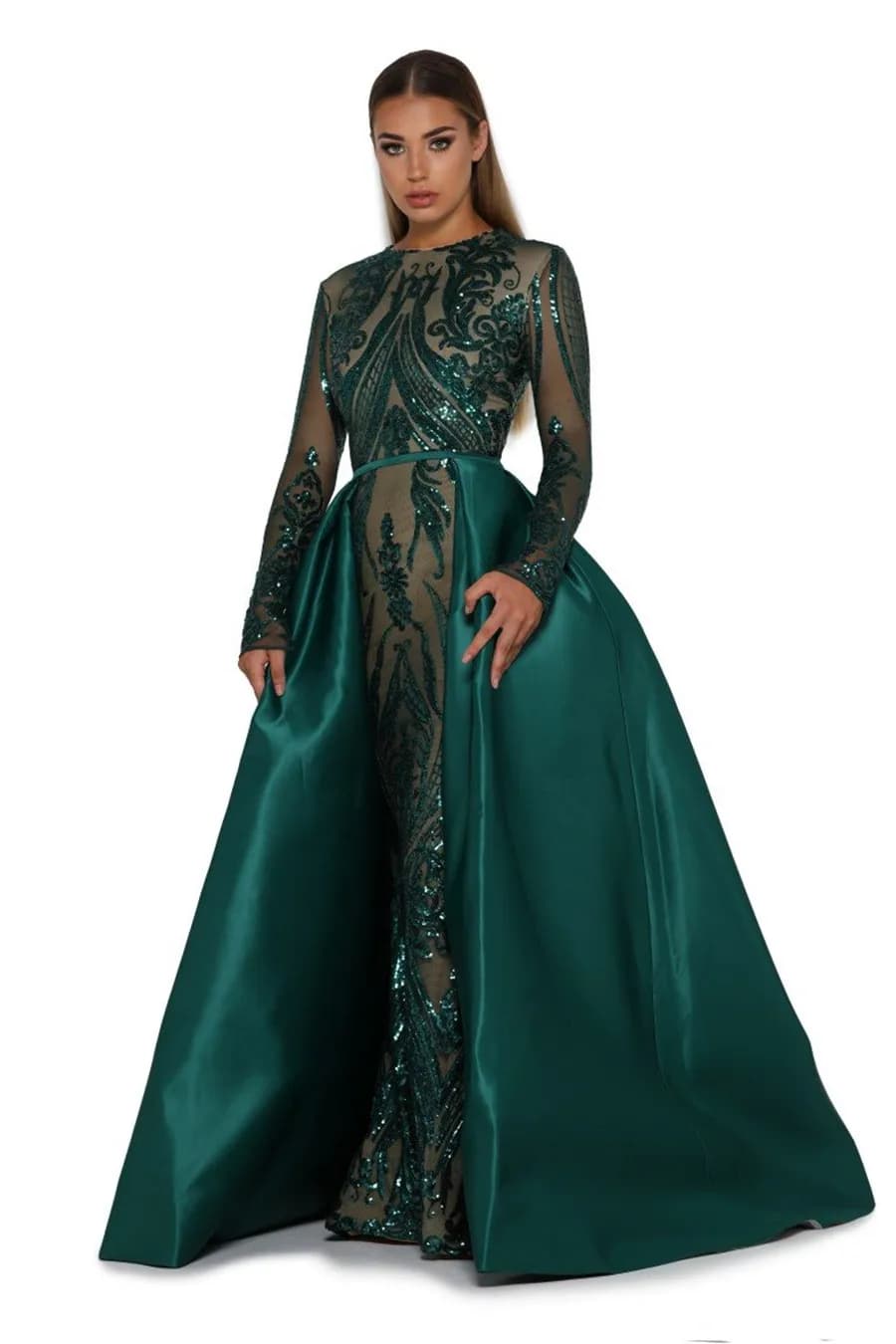 Emerald Green Prom Dress: Long Sleeve 2-Piece Gown Style 1705, Detachable Skirt, Saudi Arabia Paillette Evening Gowns