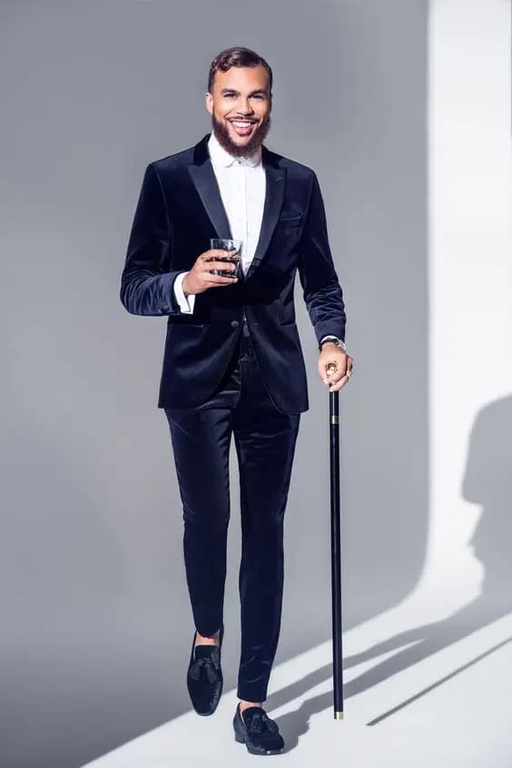 Men's Slim Fit Velvet Navy Blue Tuxedo 2-Piece Suit - Formal Coat and Pant Set, Custom Blazer for Prom and Party