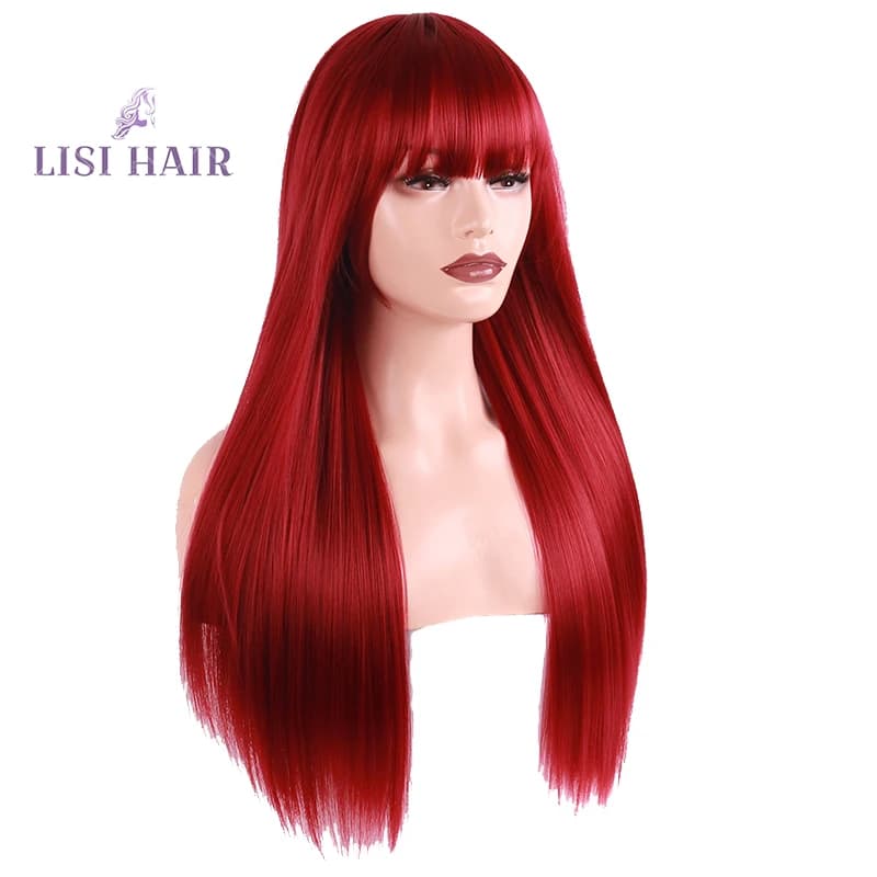 LISI HAIR Long Straight Red Wig with Bangs - Synthetic Heat Resistant Hair Wigs for Women, 26 Inch, Black and Gray Available