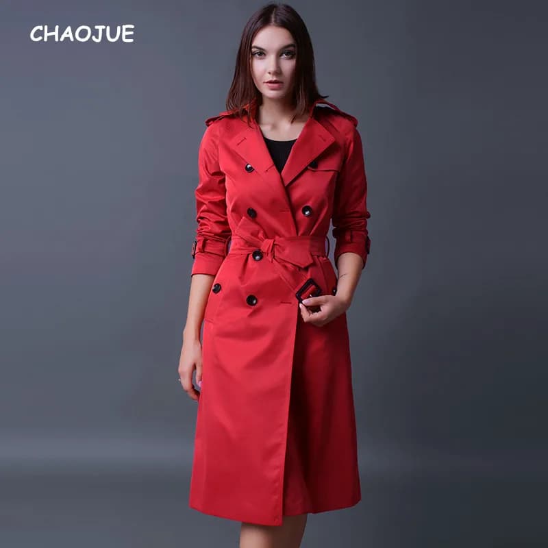 Chaojue Women's Trench Coat - Long Sleeve Double Breasted Plus Size Red Pea Coat for Wife's Gift, Female Luxury Option