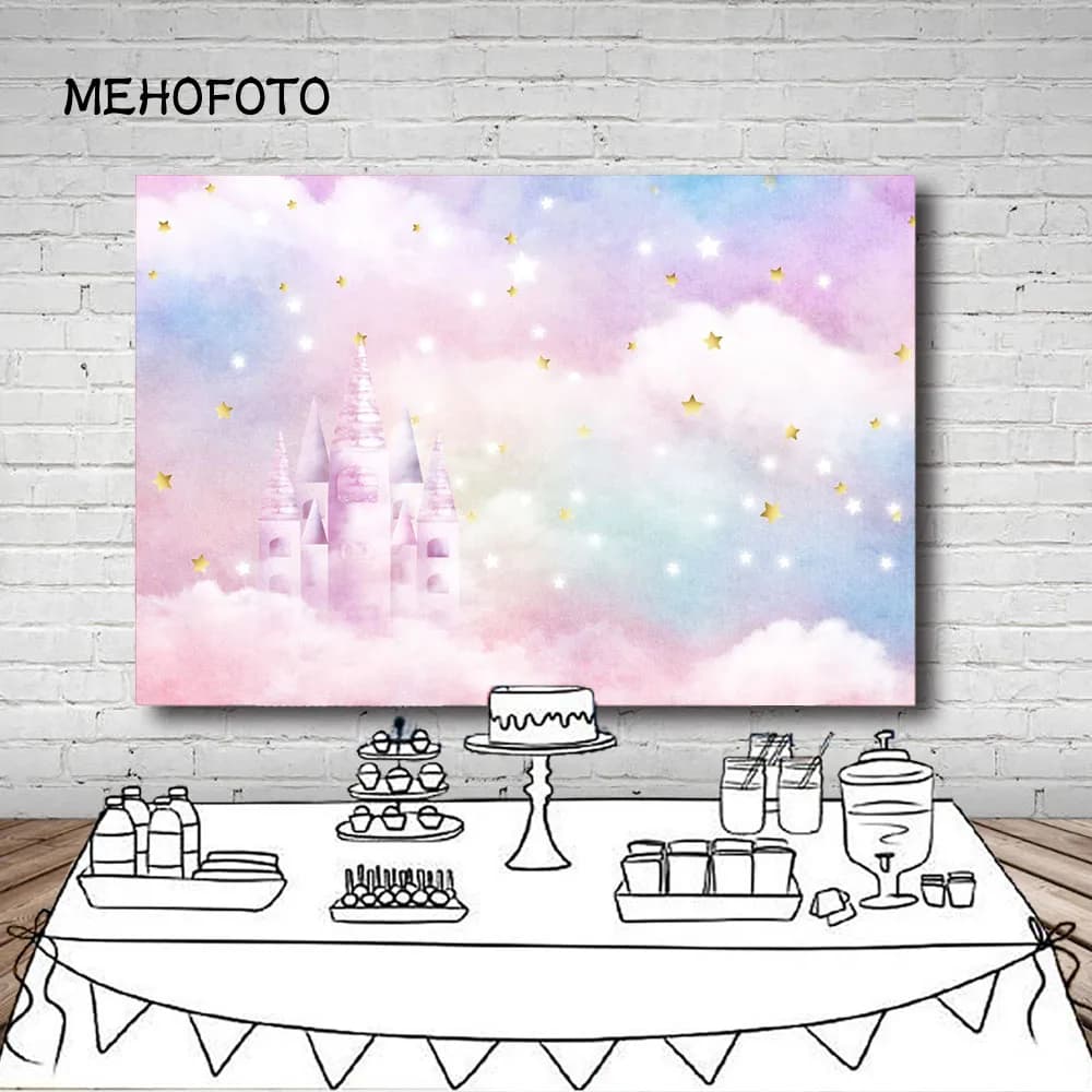 Birthday Party Photography Background for Children and Baby Shower - Pink Cloud Princess Castle Moon Party Gold Star Banner Photocall
