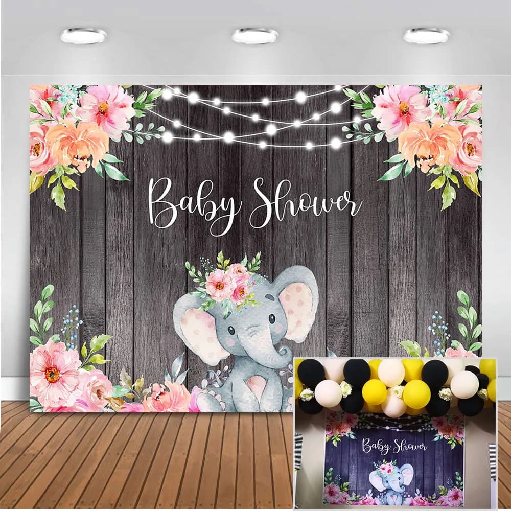 Newborn Party Decoration: Elephant Baby Shower Photography Backdrop with Wood Floor Background and Flower Backdrops for Photo Studio