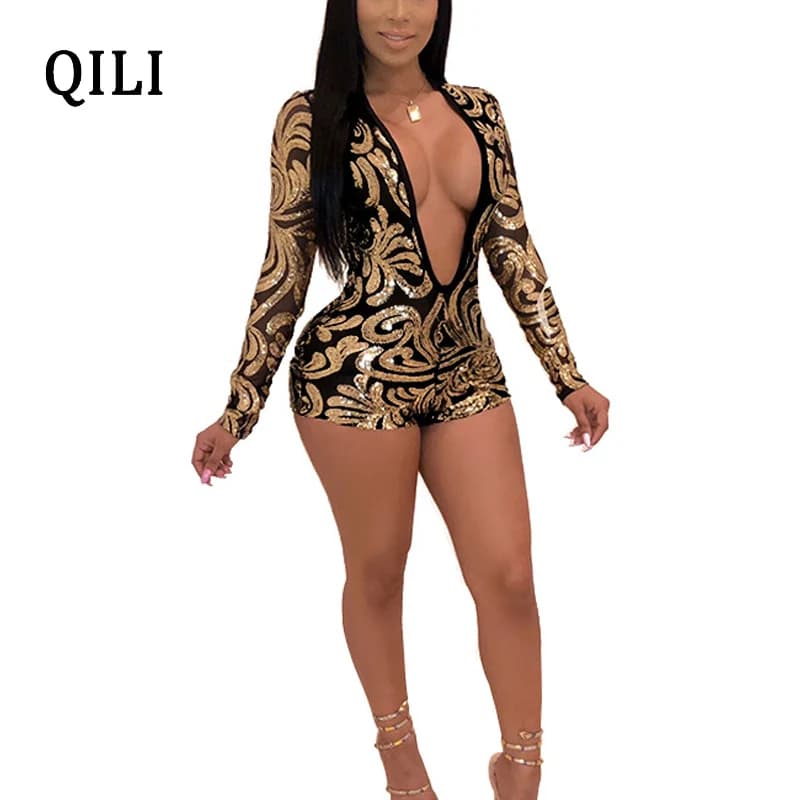 New QILI Club Women's Deep V Neck Sequined Jumpsuit with Long Sleeves and Mesh Playsuits