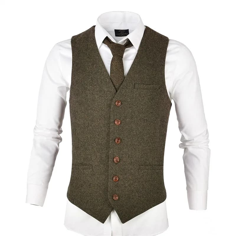 VOBOOM Khaki Tweed Men's Vest Suit Slim Fit Wool Blend Single Breasted Herringbone Waistcoat Men Waist Coat For Man 007