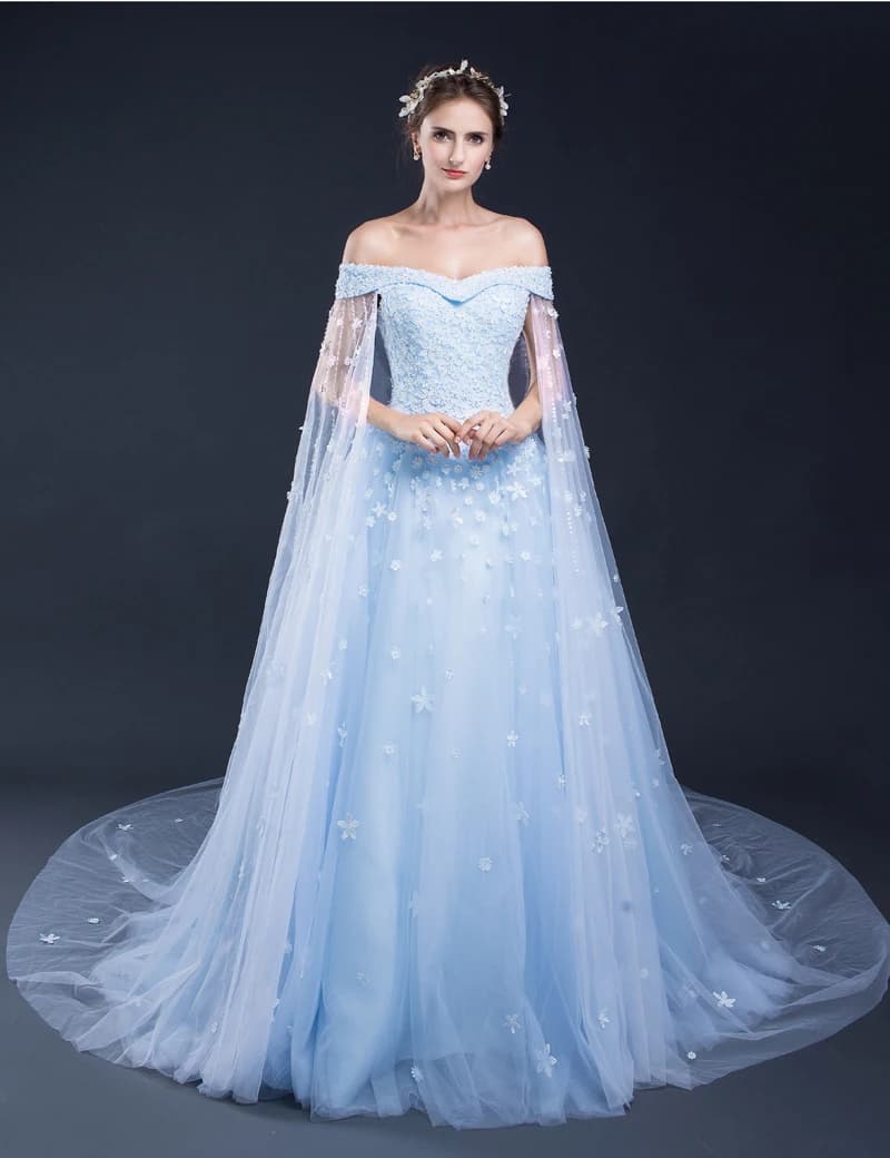 Off the Shoulder Lace Tulle Applique Light Blue Wedding Dress - Floor Length Vintage Bridal Gown with Cathedral Train