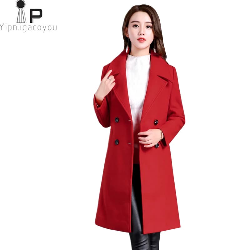 Women's Red Woolen Coat - Autumn Winter Double Breasted Long Warm Overcoat - Korean Fashion Jacket 3XL 4XL